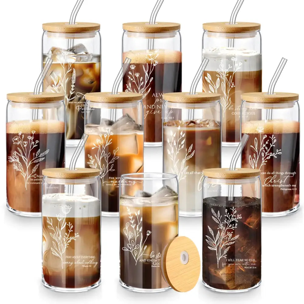 10 Pcs 16 oz Inspirational Coffee Cups w/ Bamboo Lids and Straws - Boho Style