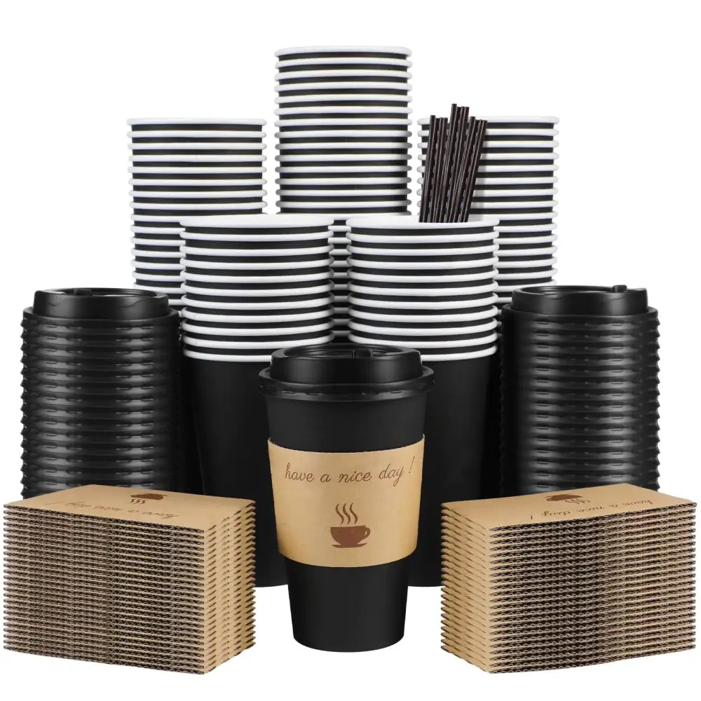 100 Pack 16 oz Disposable Coffee Cups w/ Lids - Black / 16OZ