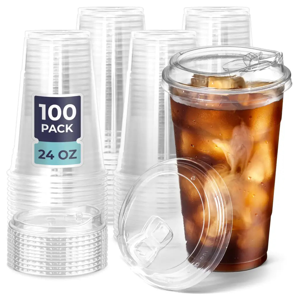 100 Pack 24 oz Disposable Plastic Coffee Cups w/ Lids