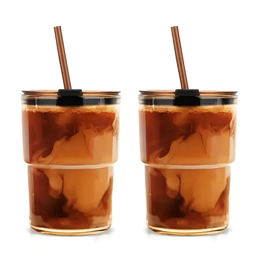 13oz. Glass Tumblers w/ Lids and Straws 2 Pack - khaki-2Pack / 13oz