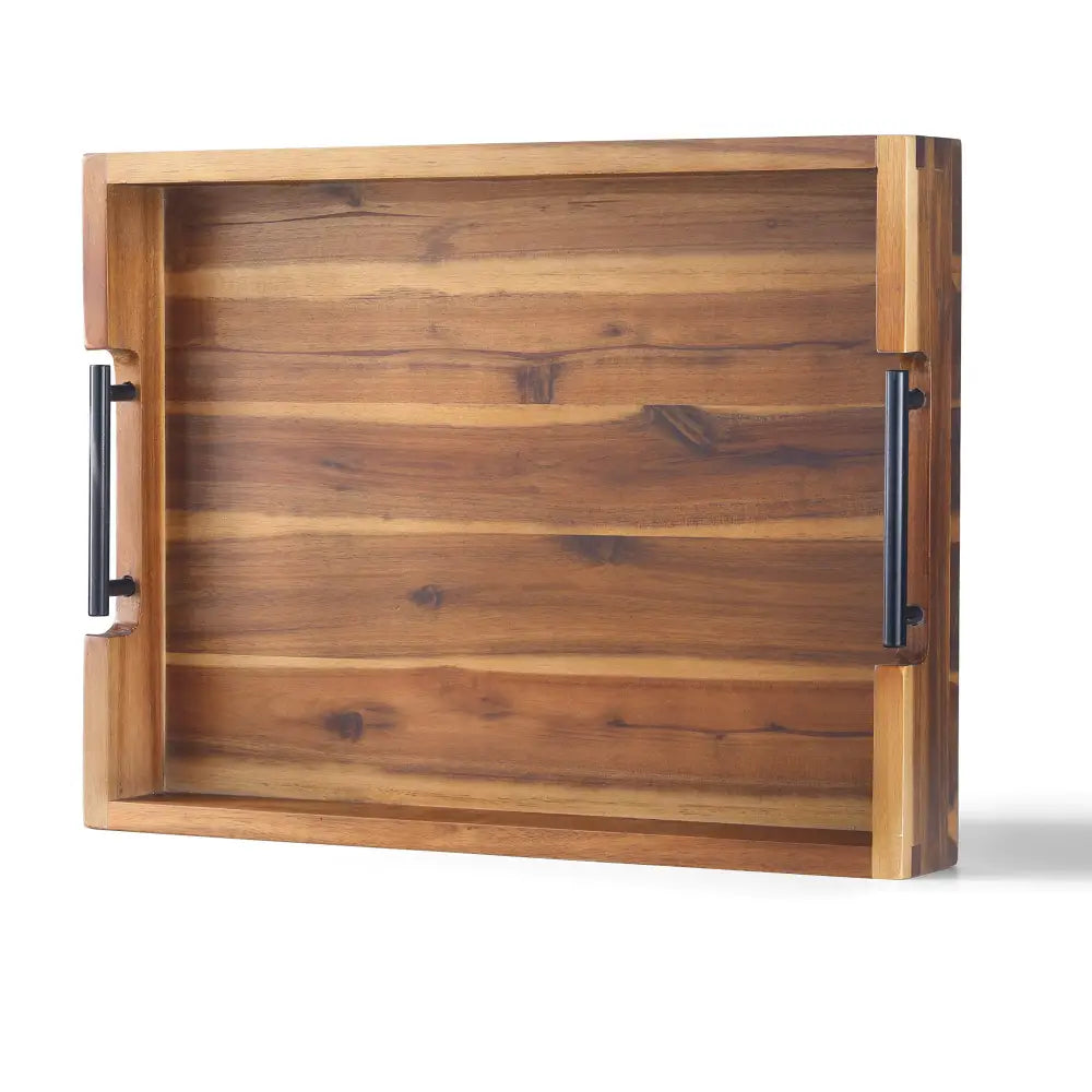 Acacia Wood Serving Tray w/ Metal Handles - Natural