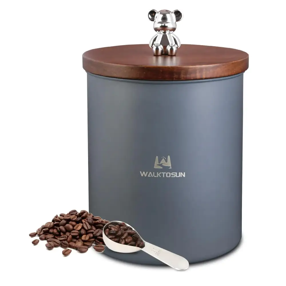 Coffee Canisters Airtight w/ Wooden Lid Seal - 1.4L Gray With Spoon