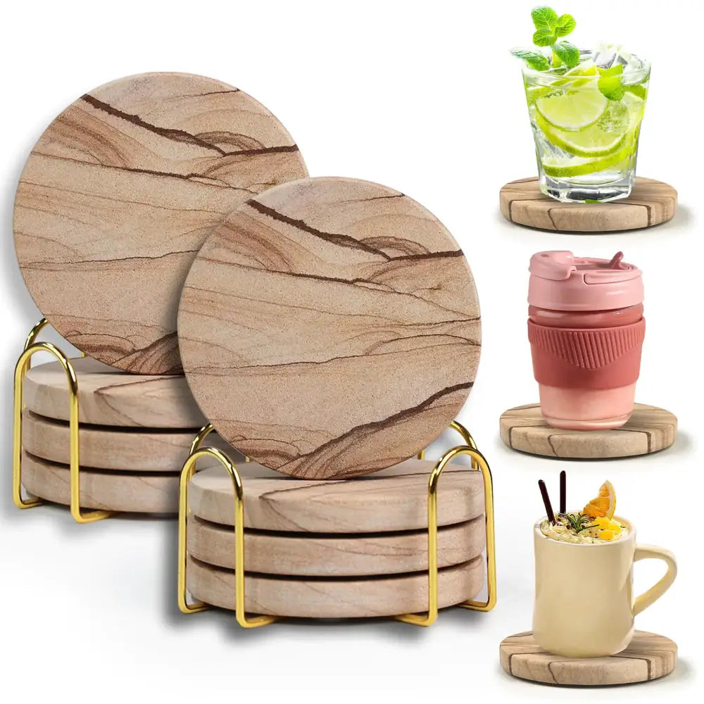 Natural Sandstone Coasters Set of 8 w/ Holders - with Holder