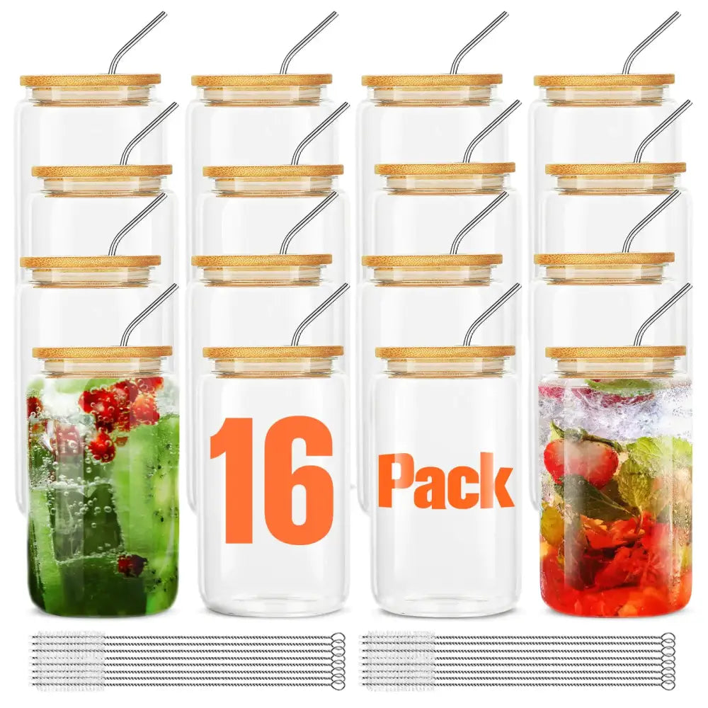 16 PCS Set Glass Cups With Bamboo Lids And Straws - Clear 16p