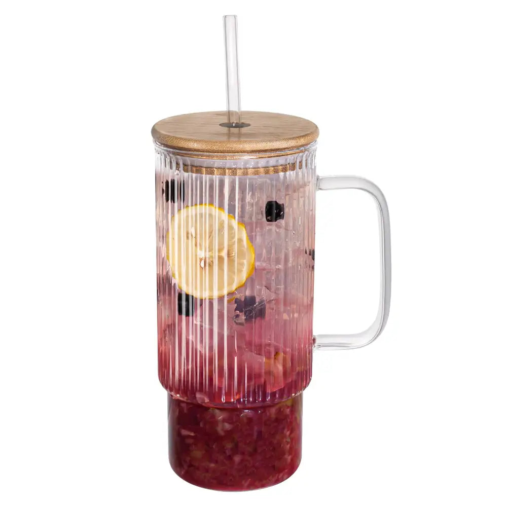 32oz Ribbed Glass Cup w/Handle Bamboo Lid and Straw - 1pack-32oz
