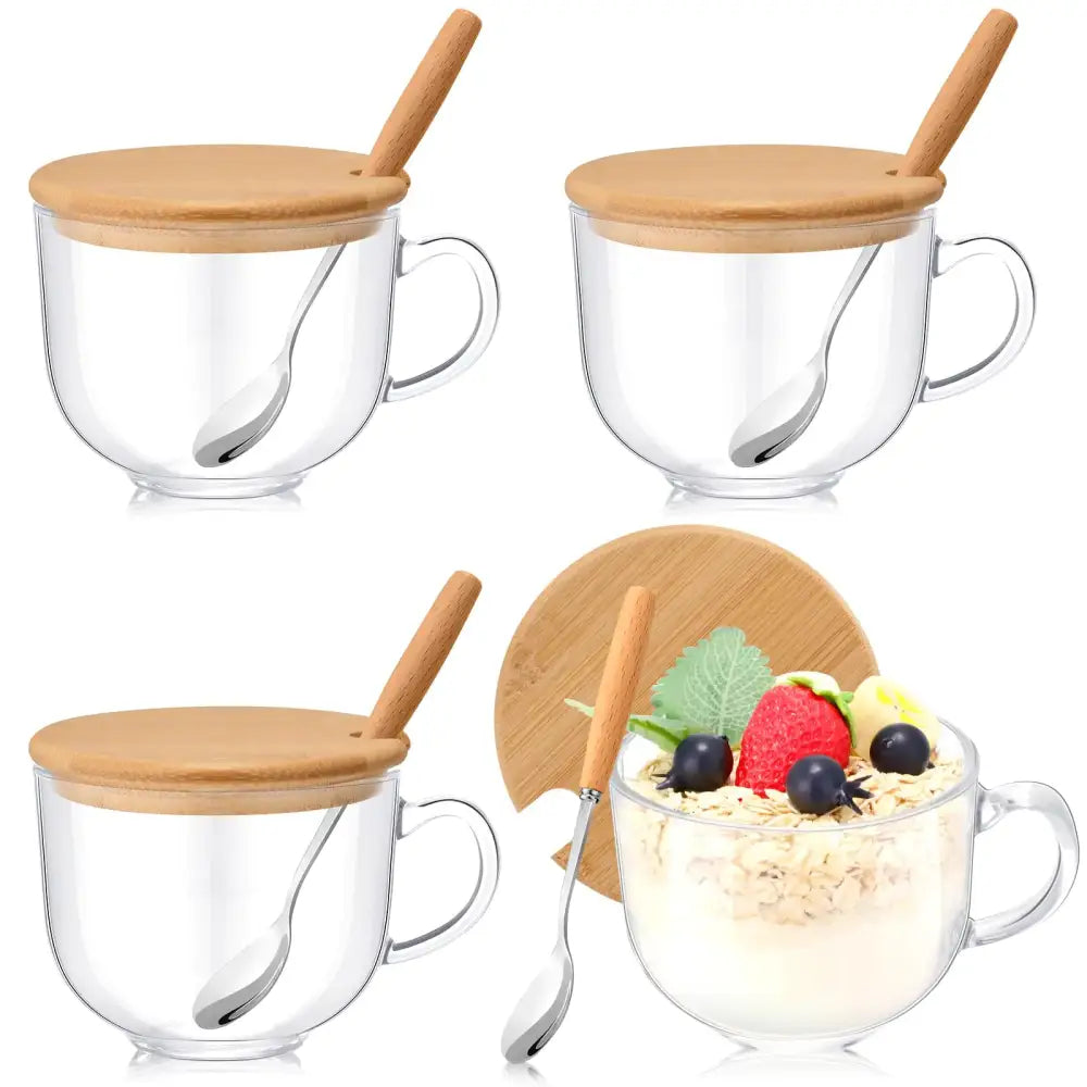 4 Sets 16 oz Autumn Large Glass Coffee Mug with Lids and Spoons