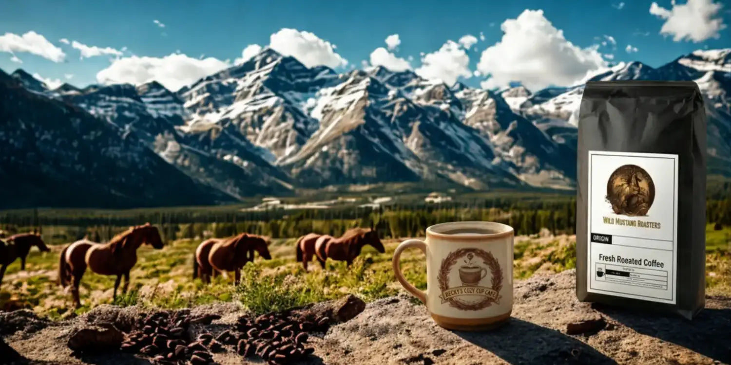 A beige ceramic coffee mug with a circular emblem featuring a cup and the text ’wild roasting co.’ sits beside a black bag of fresh roasted coffee labeled “wild roasting roasters.”