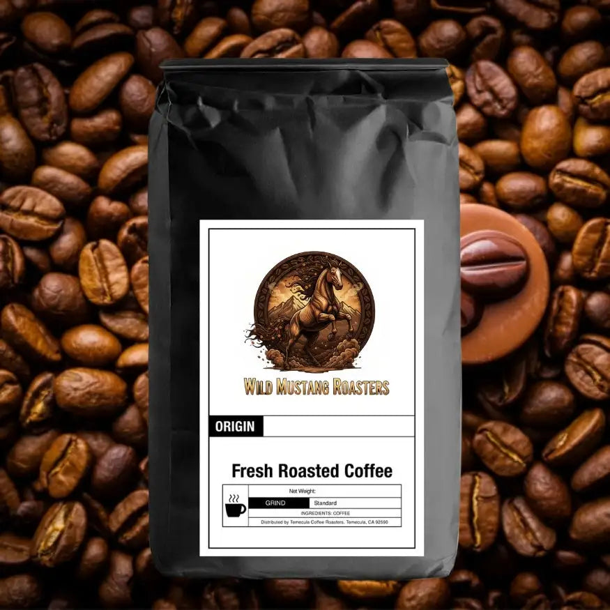 Black bag of wild mustang roasters fresh roasted coffee with a gold and brown horse logo on the label.