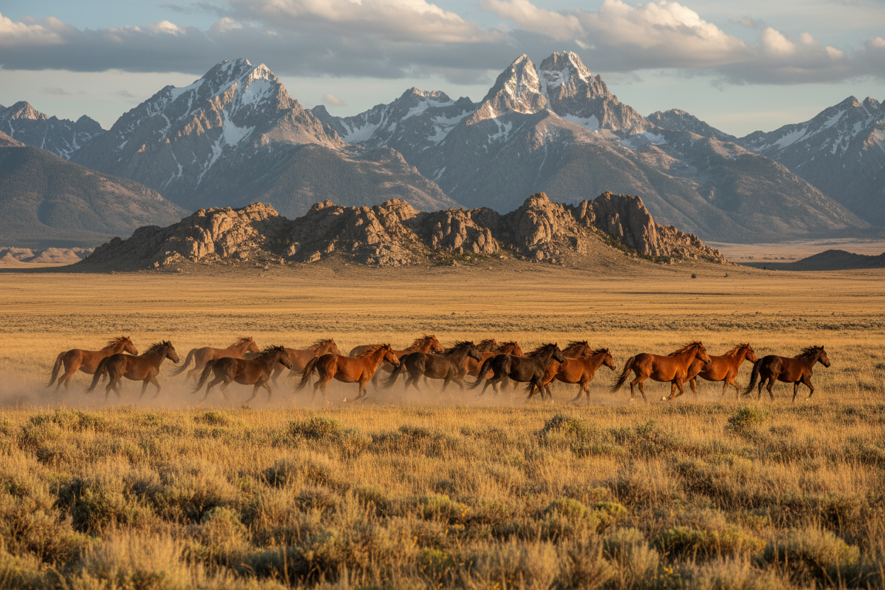 Give me a image of wild horses in open plains with rocky mountains in the background.